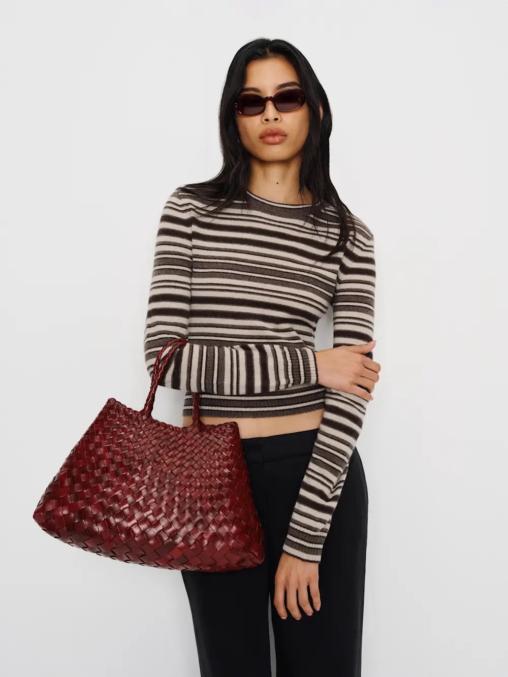 Reformation Lian Cashmere Crew Sweater Brown Stripe Size L Cropped